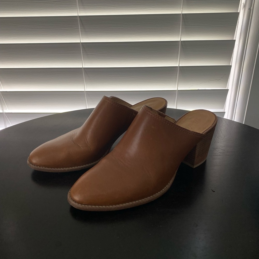 Light brown leather Madewell heeled mules